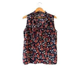 Adrianna Papell Sleeveless Split Neck Blouse Top Size L Navy Floral Ruffled